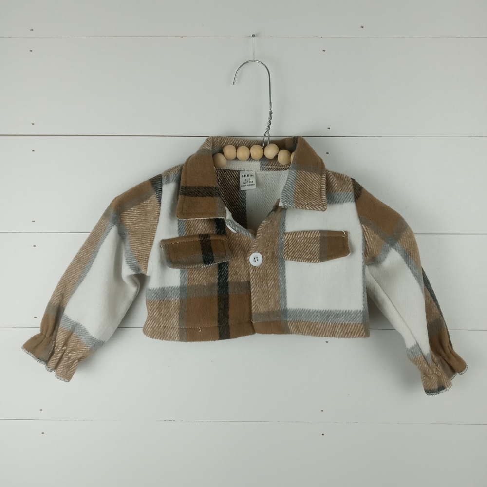 SHEIN girls size 12-18 mos brown cream and gray soft flannel top with collar